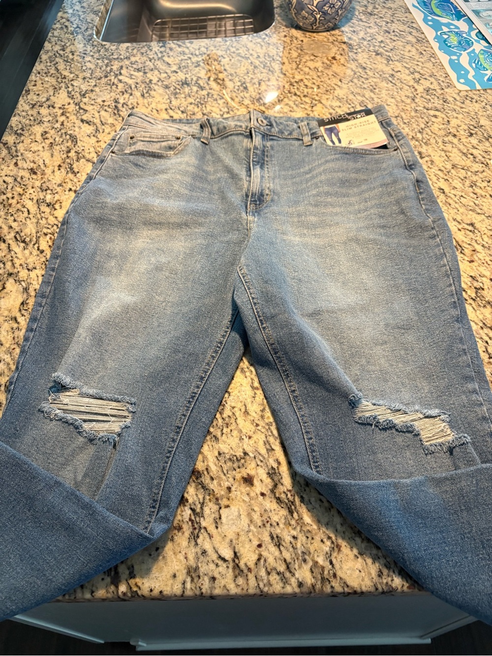 Stitch Star  Jeans Distressed Ripped high rise slim Straight size 18 NWT